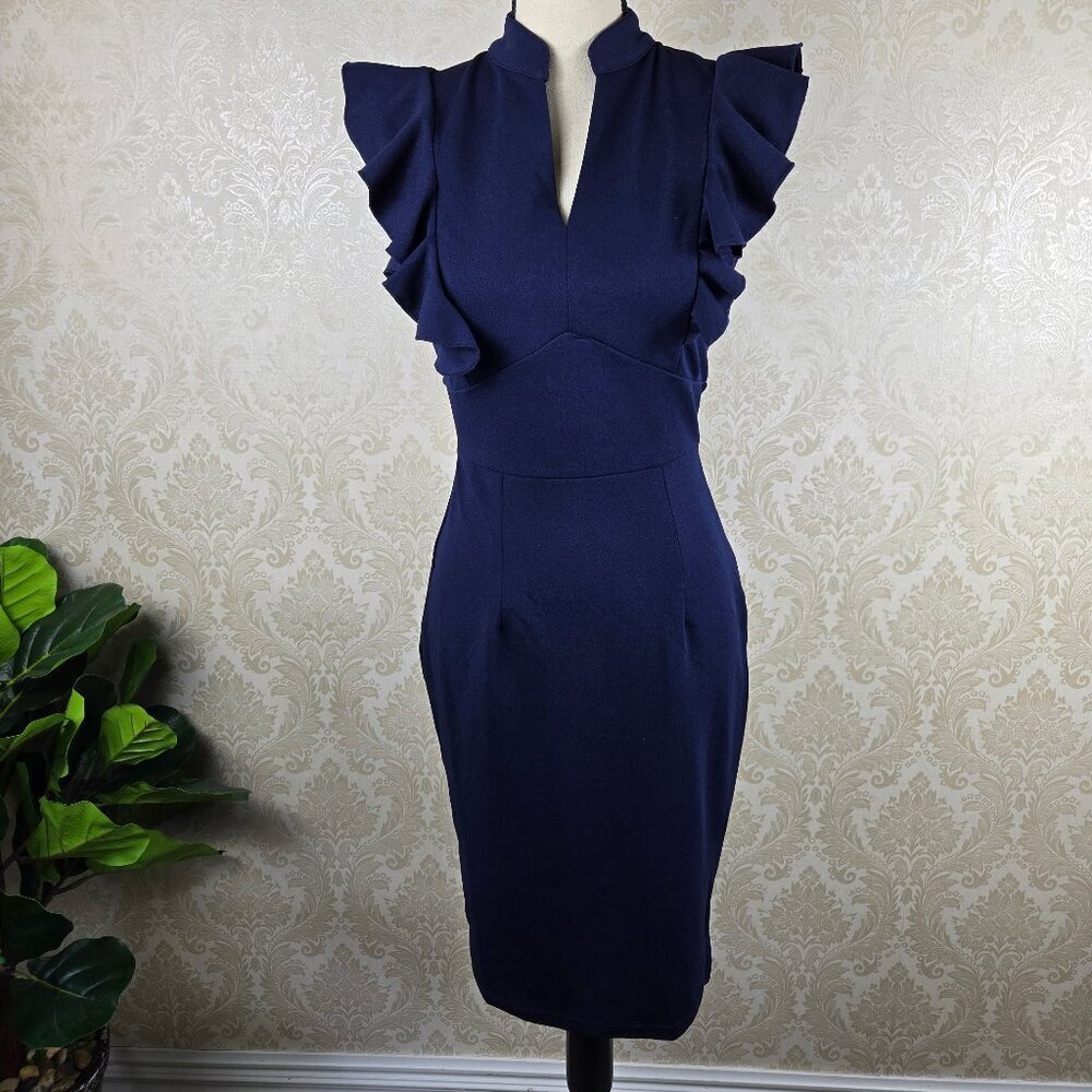 Knitee Size Small Navy Blue Sheath Dress Ruffles at Shoulders Split V Neck NWT
